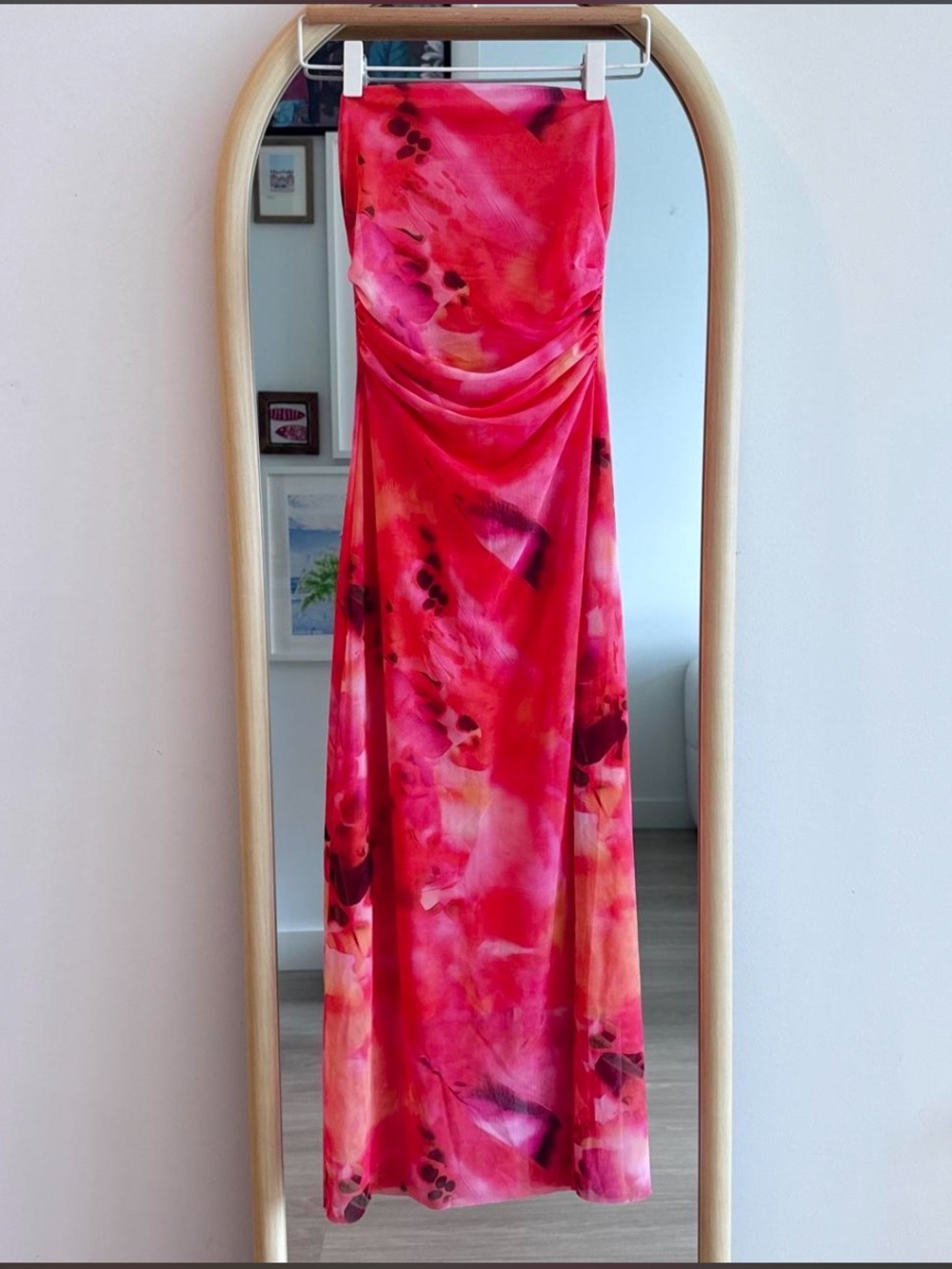 Strapless Pink and orange Floral maxi Dress